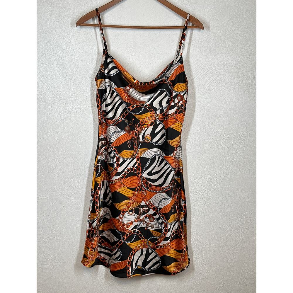Guess 90s Y2K Silky Slip Dress M Couture Gold Chain Baroque Cowl Neck Mob Wife